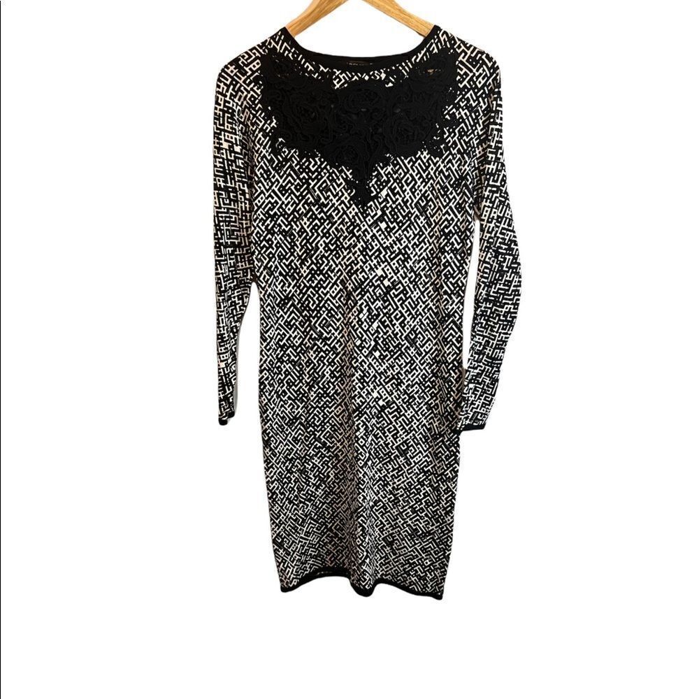 LEao GUY Black & White Patterned Sheer Lace Panel Back Fitted Sweater Dress 3